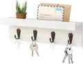 HRONRAD Rustic Key Holder for Wall, Farmhouse Wall Shelf with 4 Hooks, Wall Mounted Key Racks, Wooden Mail Organizer with Hooks for Entryway (White)