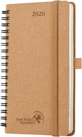 POPRUN 2026 Recycled Weekly Planner 12 Months Pocket Size (3.5'' x 6.5'') - Spiral Calendar Weekly and Monthly for Purse, with Italian Regenrated Leather, Pen Holder - Desert Brown