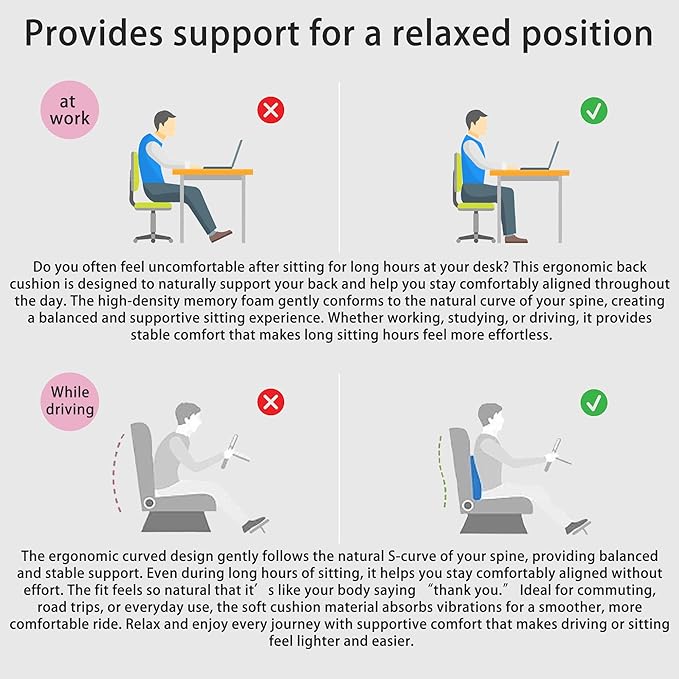 Rechteckig Lumbar Support Pillow for Office Chair, Office Home Must Haves, Back Support for Car, Back Cushion, Back Support Pillow for Chair, Height Adjustable, Dynamic Tracking of Back Movement