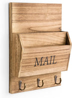 DLQuarts Mail Organizer with Key Holder for Wall Decorative Mail Sorter Wall Mounted, Wooden Mail Holder with 3 Hooks, Carbonized Brown