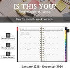 EMSHOI 2026 Planner Weekly and Monthly, Week on One Page with Notes, A5 (5.7"x8.3"), Jan-Dec 2026 Calendar Agenda with Monthly Tabs, Note Pages, 100GSM Thick Paper, Flexible Cover, Black