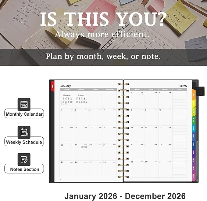 EMSHOI 2026 Planner Weekly and Monthly, Week on One Page with Notes, A5 (5.7"x8.3"), Jan-Dec 2026 Calendar Agenda with Monthly Tabs, Note Pages, 100GSM Thick Paper, Flexible Cover, Black