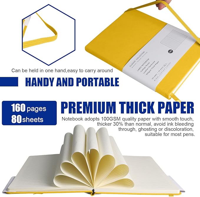 EMOMAS Lined Journal Notebook – Hardcover Notebook for Men & Women – Journals for Writing, Work, School, Home & Daily Notes, 160 Pages – Medium A5, 5.7"x8", 100 gsm Thick Paper (Bright Yellow)