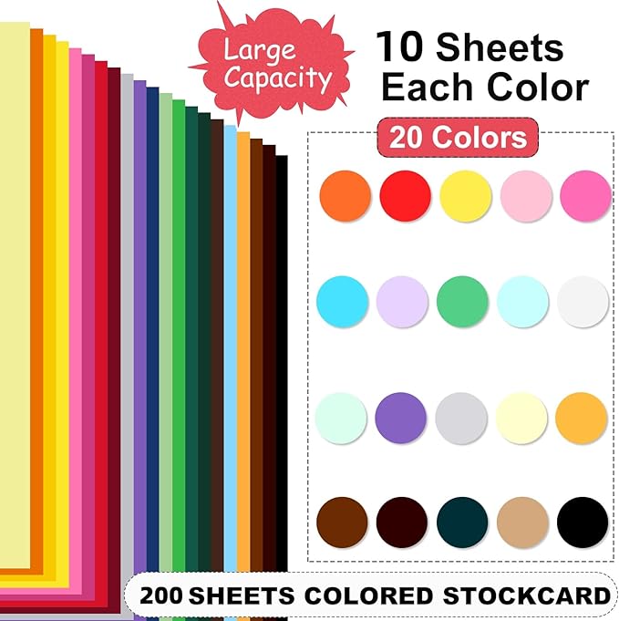 200 Sheets Colored Cardstock 8.5 "x 11", 65LB 180GSM Craft Bulk Construction Paper, 20 Assorted Colors Card Stock Paper for School & Office, Card Making Printer Scrapbook Decorations DIY Crafts