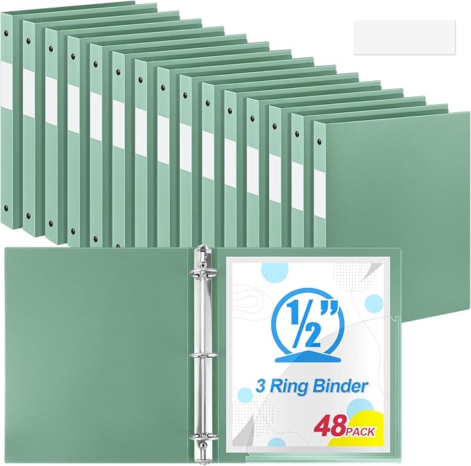 Henoyso 48 Pcs 3 Ring Binder 0.5 Inch Round Fits Letter Size 8.5'' x 11'' Paper Plastic Flexible Binder Bulk Holds 140 Sheets with 1 Pockets Versatile Organizer for Home Office School (Sage Green)