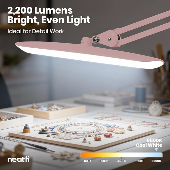 Neatfi XL 2,200 Lumens LED Task Lamp, 24W Super Bright Desk Lamp, 117 Pcs SMD LED, 4 Level Brightness, Dimmable, Task Light for Home, Office, Workbench (Non-CCT, Rose Gold)