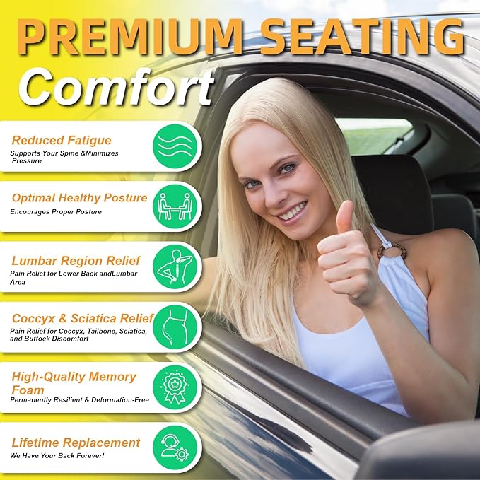 kingphenix Car Seat Cushion with Back Support Pillow: Enhanced Comfort Memory Foam Design for Pain Relief, Ideal for Drivers and Office Use - Ergonomic Lumbar Comfort for Long Sitting - Black