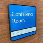 NapTags Conference Room Slider Signs (Sapphire Blue - Black Frame, 6" x 6")