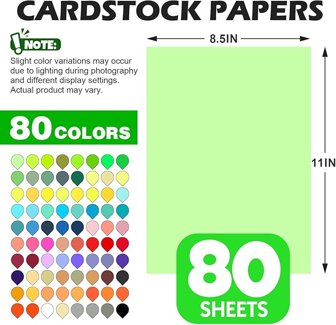 80 Sheets 8.5" X 11" Colored Cardstock, 80 Assorted Colors 180 GSM/65 LB Construction Paper Card Stock Printer Paper for Printing, Card Making, DIY Crafts, Kids School Supplies,Party Decorations