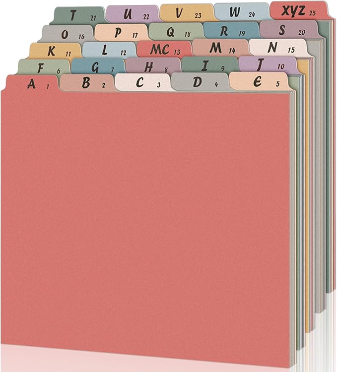 Noveread 1 Set 25 Alphabet File Dividers A-Z Top Tab Letter Size 1/5 Cut Tab Positions Alphabetical Number File Folder Organizer Guides Cabinet and Desk Dividers for School Office Home (Retro)