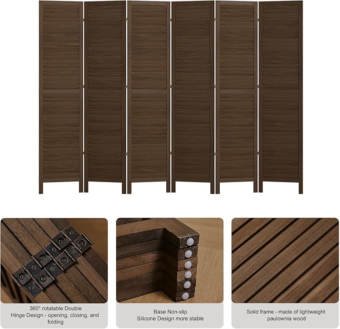 Room Partitions and Dividers, Temporary Wall with Double Hinges, 5.6 Ft Tall Folding Louver Wood Screen for Home Office Bedroom Hotel Decoration (6 Panels, Brown)