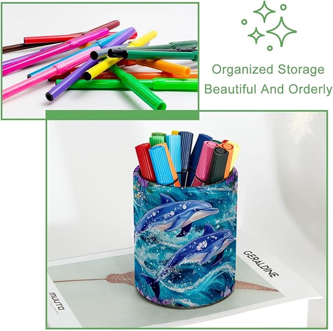 Leather Pen Holder for Desk, Dolphins Flowers Pencil Cup Desktop Organizer Makeup Brush Holders Office Supplies for Home, Kids & School