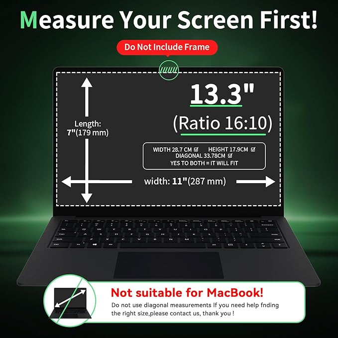Mao Yeye Laptop Privacy Screen 13.3 Inch-16:10 Aspect Ratio Anti-Glare Blue Light Film Computer Monitor Protector, Bubble-Free shield Removable 13in Filter for Lenovo HP Acer Asus Thinkpad Envy Xps