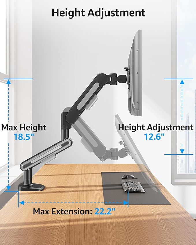 MOUNTUP Single Monitor Desk Mount for 4.4-26.5lbs, Heavy Duty Monitor Arm for 40 39 37 34 32 27inch, Full-Motion Monitors Stand, Height Adjustable Monitors Arm with C-Clamp＆Grommet Base