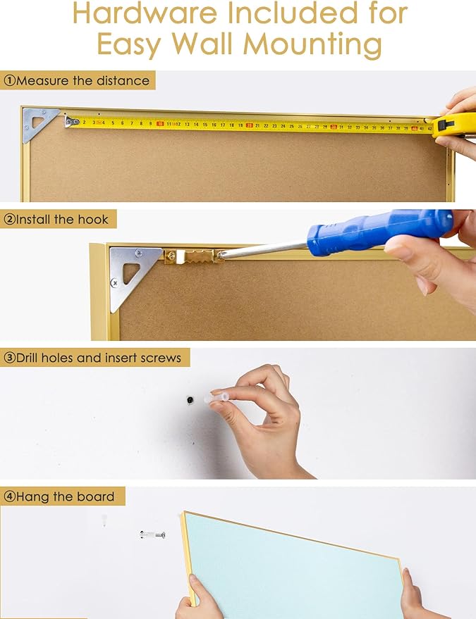 Lightomorrow Bulletin Board 30 x 20 inches, Light Blue Pin Board, Golden Aluminum Framed Fabric Cork Board with 10 Push Pins