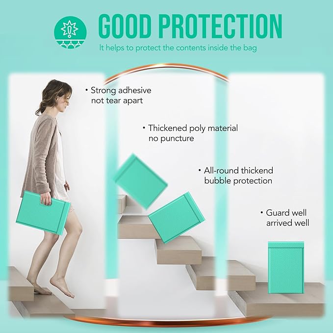 Fuxury 500 Pack Teal Bubble Mailers 10.5x16 Inch,Self Seal Padded Envelopes Waterproof Mailing Envelopes Cushioning Padded Mailers for Packaging, Small Business Large #5