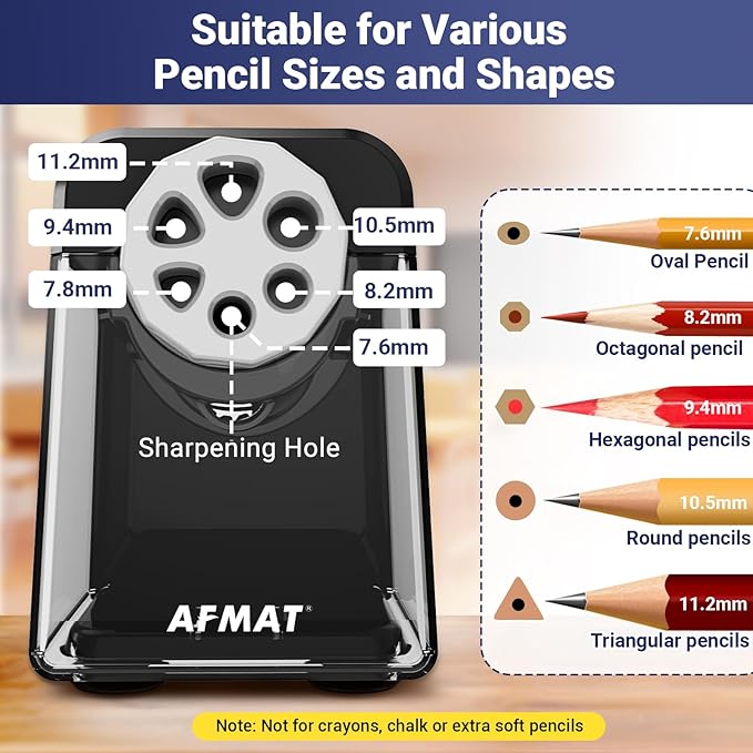 AFMAT 6-Hole Electric Pencil Sharpener for Classroom, Cordless & Rechargeable, Heavy Duty Pencil Sharpeners for 6-11mm Colored Pencils, Auto Stop, Super Fast, 10,000+ Sharpenings, Battery Powered PSD1