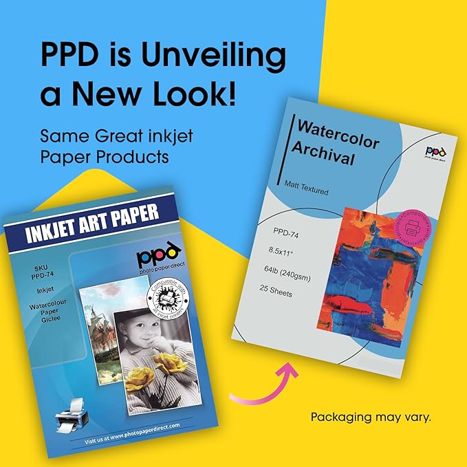 PPD Watercolor Printer & Printable Fine Art Paper for Inkjet Printer, Textured Giclee Archival Acid Free Paper 8.5 x 11, Professional Grade, Heavyweight 240 gsm/64 lb (25 Sheets)`