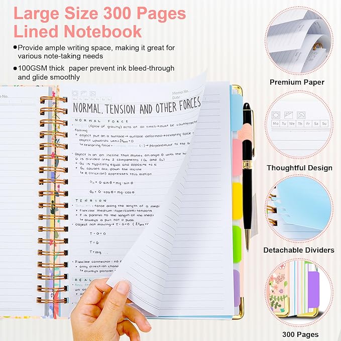 Spiral Journal Notebooks for Work, 300 Pages 5 Subject Notebook College Ruled with Dividers & Tabs, 8''x 10'' Large Notebook Journal for Women Students Note-Taking and Organizer (Beige Bloom)