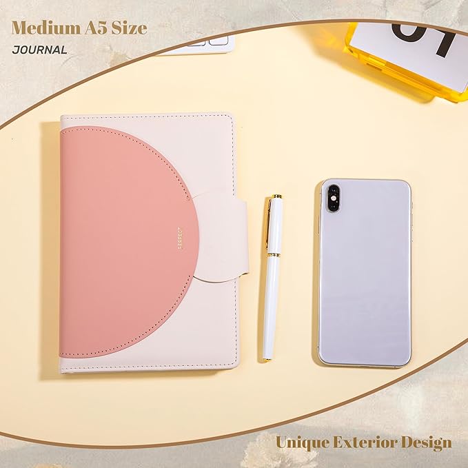 CAGIE Lined Journal for Women, 100GSM Leather Journals for Writing with Buckle Closure,A5 Hardcover Diary Journaling Notebooks for Business Work School Note Taking 5.9" x8.59 (Pink)