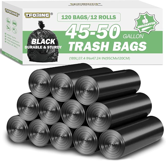 45-50 Gallon Black Trash Bags 120 Count - 38''x47'' Large Garbage Bags Unscented, 40+ Gallon Trash Can Liners, Multipurpose for Office, Outdoor, Yard and Commercial