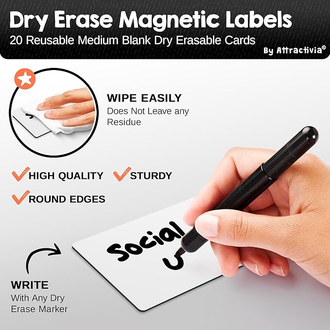 Attractivia Dry Erase Magnetic Labels 3.7 x 2.8 in, Medium Dry Erase Magnets, 20-Pack, White Erasable Write-On All-Purpose Labels, for Office, Education, Home, Whiteboard