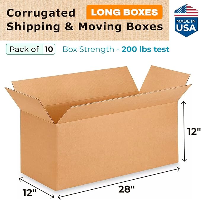 Long Shipping & Moving Boxes 28x12x12 inches (10-Pack) - Extra Strength 200 lb vs Regular - Corrugated Boxes for Packaging Moving Stuff - Packing Box - Packing Box for Shipping by IDL Packaging
