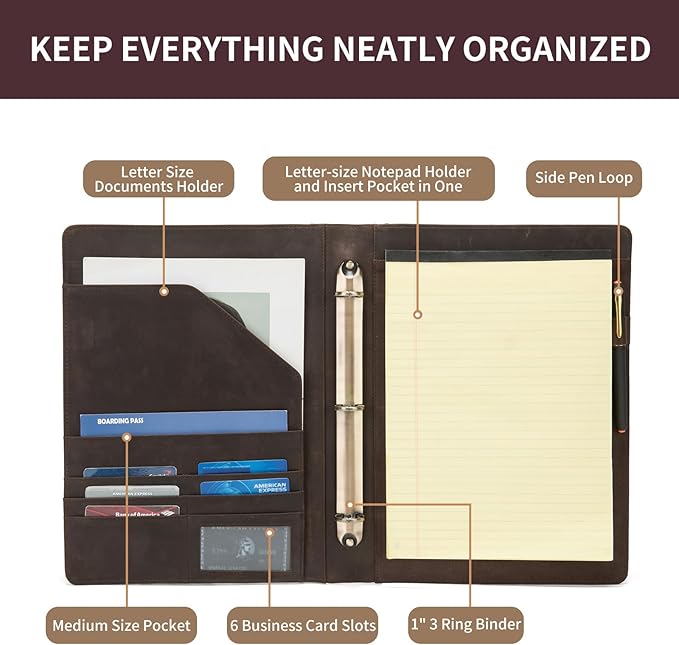 Geslun Personalized Genuine Leather 3 Ring Binder, Custom Engraved 8.5 x 11 Letter Size Folio with Pen Holder, Soft Notebook Portfolio Cover, Notepad Padfolio Organizer for Meeting, Dark Khaki