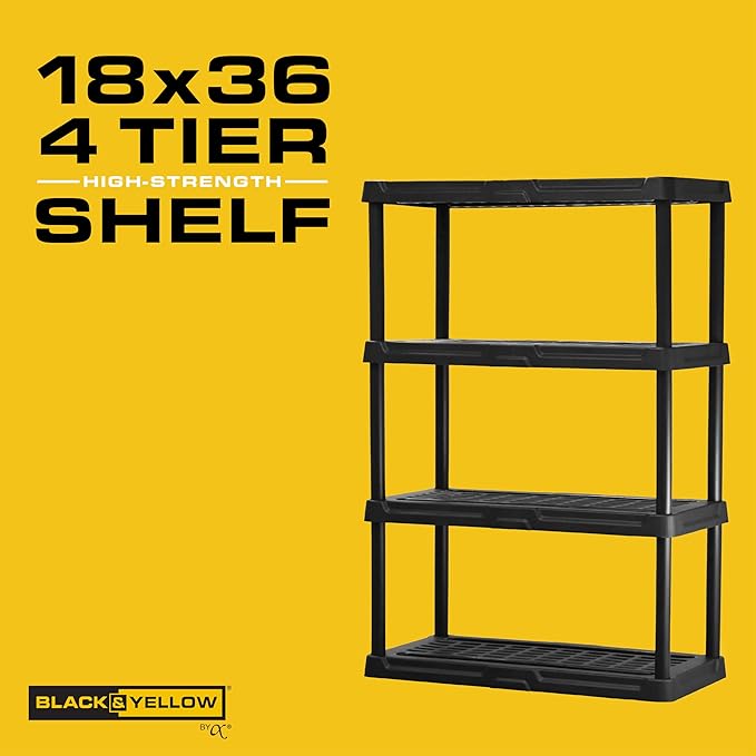 CENTREX CX 4-Tier (53”H x 36”W x 18”D) Plastic Storage Shelving Unit (Black), Heavy Duty, 150lbs Per Shelf Capacity, for Space-Saving Garage, Closet & Laundry Storage with Easy Assembly