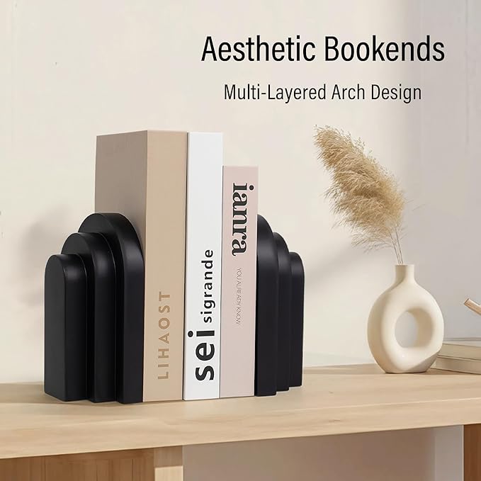 LIN CHUAN Heavy Duty Book Ends for Shelves, Decorative Bookends for Heavy Books Set of 2, 6.6 LBS Modern Book Stopper for Home Decor, Bookshelf, Aesthetic Bookend with Layered Arch Design, Black