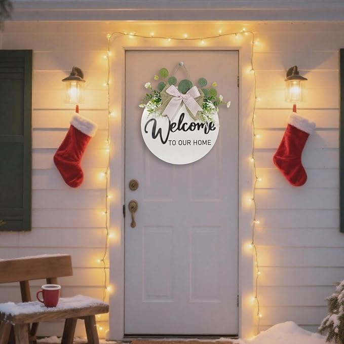 VPDTVK Welcome Sign for Front Door, Rustic Welcome Door Sign Outdoor Wreaths Decor for Spring Summer Autumn and Winter All Seasons Holiday Halloween Christmas(White)