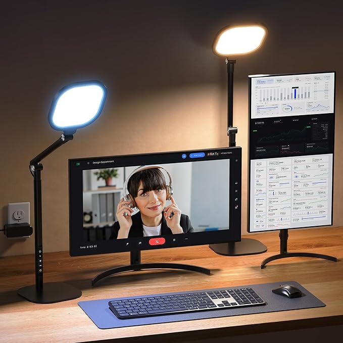 Led Desk Lamps for Home Office with Base, Video Conference Lighting for Zoom, Tall Desk Lamp with 50 Light Modes & Memory and Timer Func Computer Light, Ring Light for Desk for Video Streaming, Webcam