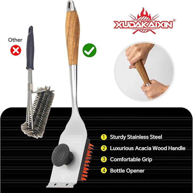 XUDAKAIXIN Nylon Grill Brush,Dual Grip Design,with Extended Luxurious Acaciawood Handle,Safe Nylon Bristles Barbecue Triple Scrubbers Cleaning Brush for Cast Iron Grates/Porcelain/Charcoal Grill