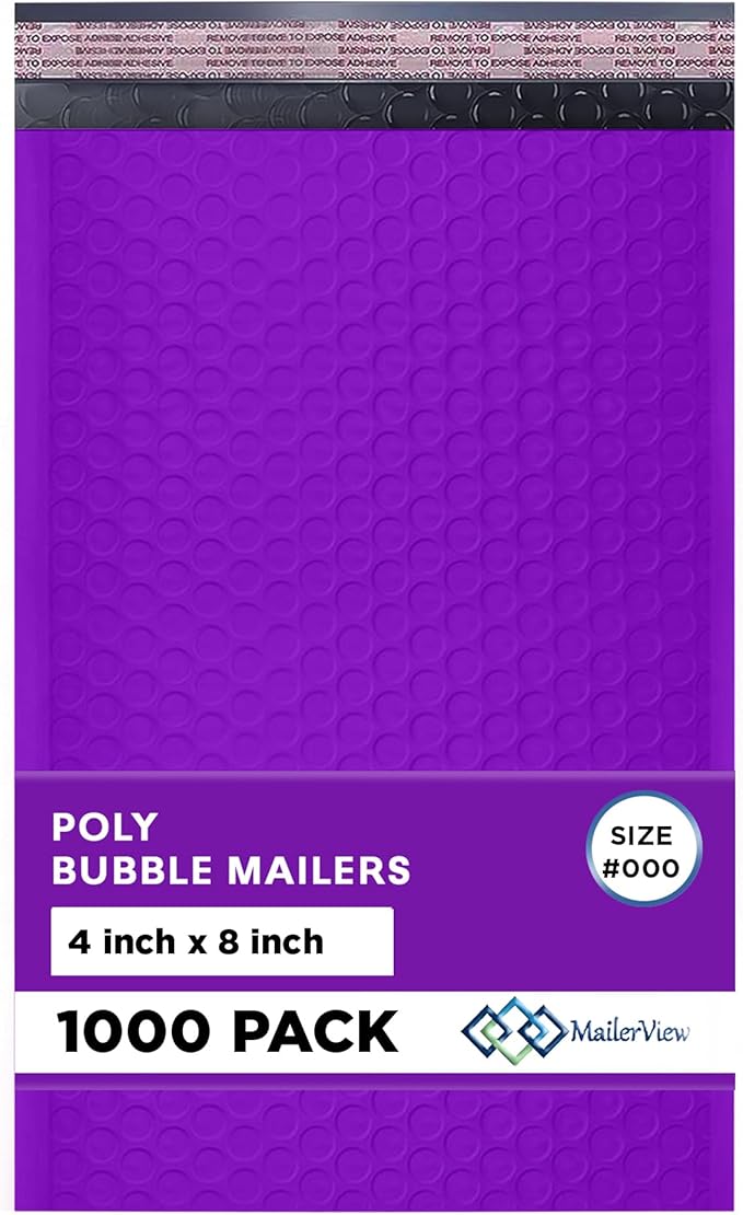 MAILERVIEW Purple Small Bubble Mailers 4x8 Inch #000 | Thick Padded Poly Bubble Mailer Envelopes | 1000 Pack Bulk | Trading Card Sports Card Shipping