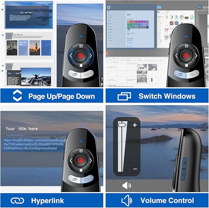DINOSTRIKE 2 in 1 Type C and USB Presentation Clicker for Powerpoint Presentations,RF 2.4GHz Wireless Presenter Remote Slide Advancer with Volume Control for Mac Laptop Computer Office Classroom