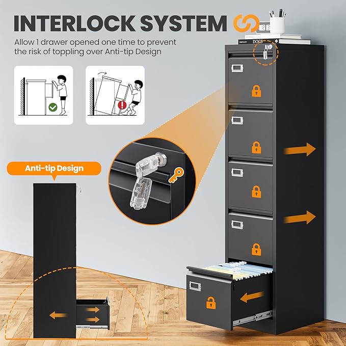 AFAIF 5 Drawer File Cabinet with Lock, Metal Filing Cabinets for Home Office, Vertical Black Locking File Caninet, Steel Narrow Five Drawer File Cabnet for Letter/Legal / A4 / B4- Assembly Required