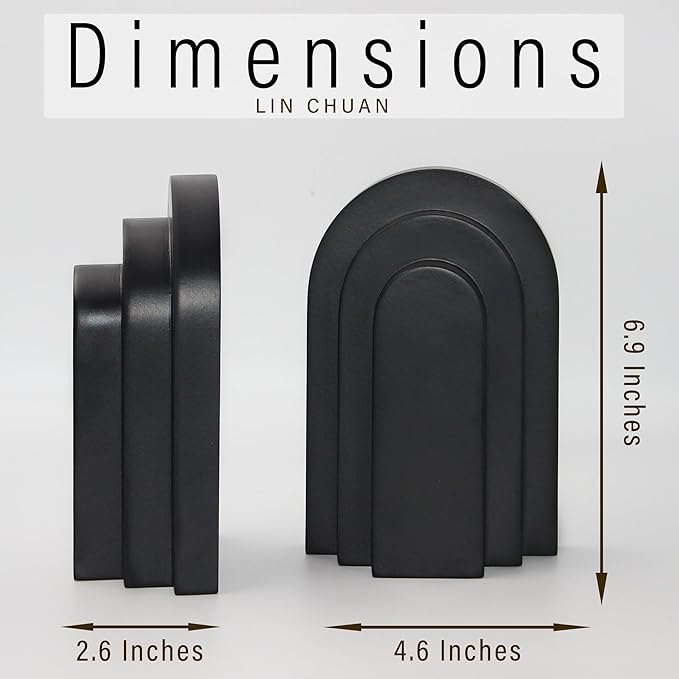 LIN CHUAN Heavy Duty Book Ends for Shelves, Decorative Bookends for Heavy Books Set of 2, 6.6 LBS Modern Book Stopper for Home Decor, Bookshelf, Aesthetic Bookend with Layered Arch Design, Black