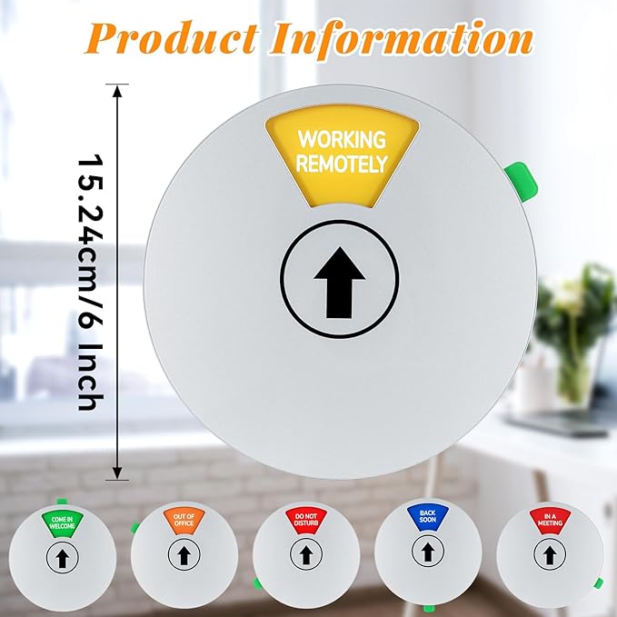 Office Door Sign, White Rotating Status Door Sign with 6 Options - Do Not Disturb/Out of Office/In a Meeting/Come in Welcome/Working Remotely/Back Soon, 6 Inch Round Privacy Signs (White)