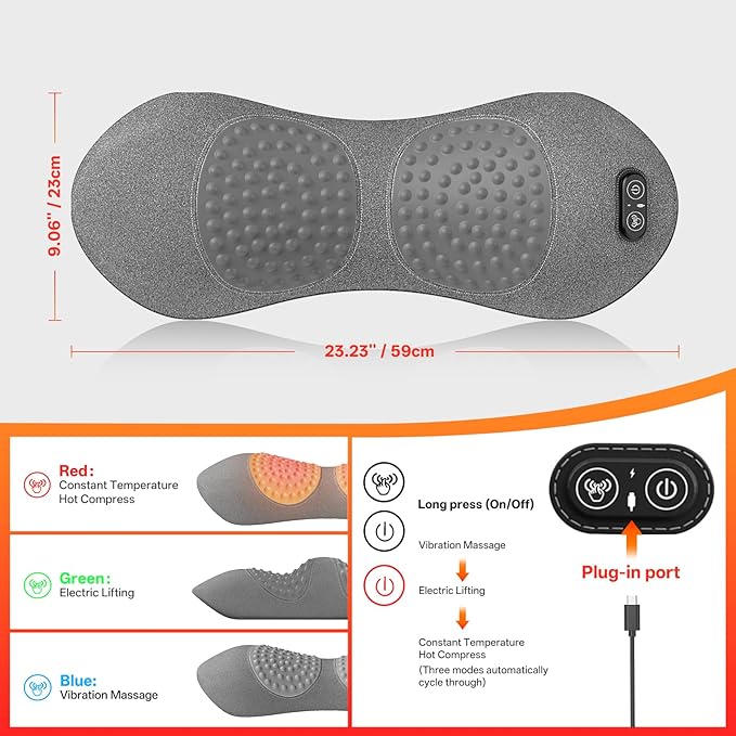 SUDAHIA 3-in-1 Electric Back Massager Pillow with Heat, Vibration and Traction, Triple Fusion Back Massager Bed and Chair Use, Lumbar Support Pillow for Lower Back Comfort and Spine Support (Gray)