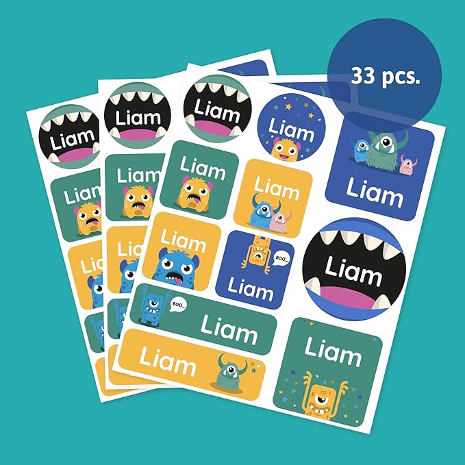 Large Name Labels for Kids (33) - Custom Stickers for Daycare and School Supplies - Durable, Waterproof Stickers for Water Bottles, Lunch Boxes, and More with Unique Designs - Monster