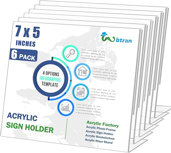 Wbtran Slanted Back Acrylic Sign Holder 5 x 7 Horizontal, Clear Tabletop Acrylic Stands for Display 7 x 5, Plastic Paper Sign Holder for Office, Home, Restaurant (6 Pack 7x5 Inches)