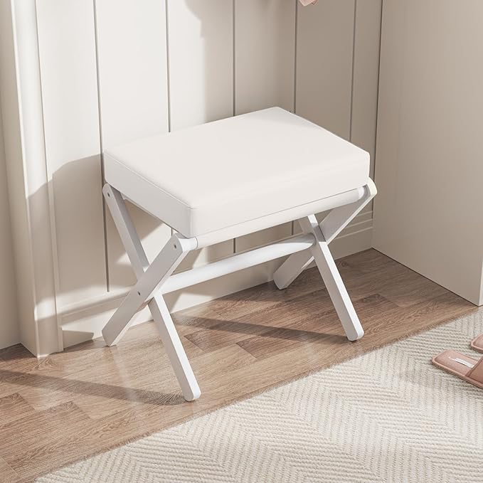 BAMBOOHOMIE Foldable Foot Stool Ottoman, Modern Foot Rest with Bamboo X Legs & Thick Foam Cushion, Folding Foot Stools Small Padded for Bedroom Living Room, Footstool for Chair Couch (White - White)