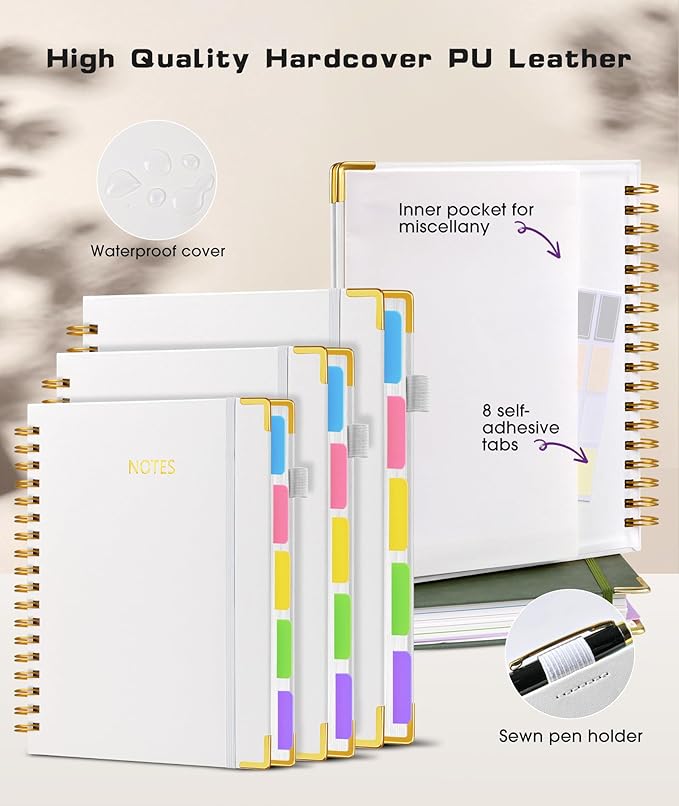 Hardcover Spiral Notebook Journal with Removable Dividers Tabs, 300 Pages Leather 5 Subject Notebook College Ruled, 8"x10" Large B5 Notebooks for Work School Note taking, Lined Journal for Women, White