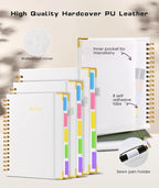 Hardcover Spiral Notebook journal with Removable Dividers Tabs, 300 Pages Leather 5 Subject Notebook College Ruled, 100GMS Notebooks for Work School Note taking,Lined Journal for Women,A5 White