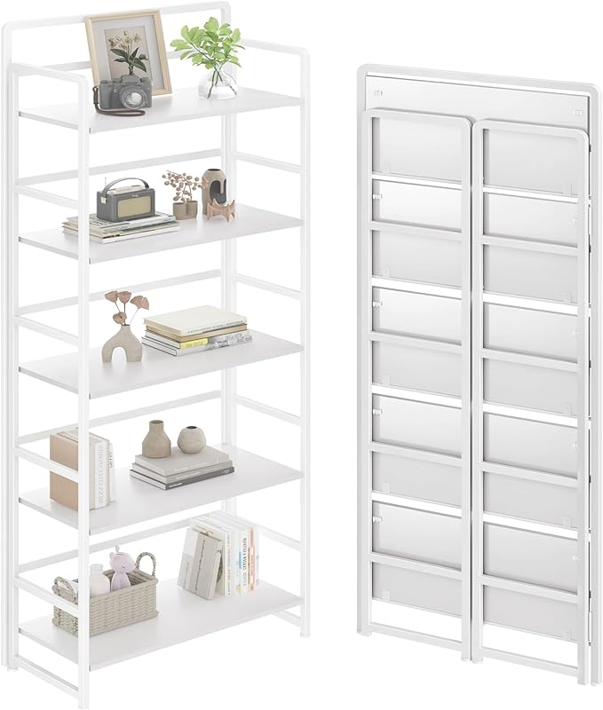 THKKY No Assembly Folding Bookshelf, 5 Tiers Collapsible Book Shelf for Home Office, Vintage Wood Foldable Bookcase Storage Organizer for Living Room Bedroom (White)