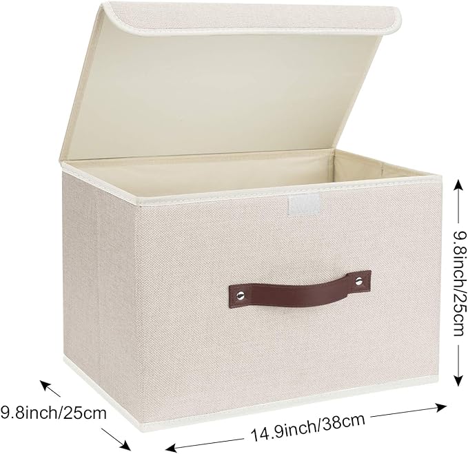 TYEERS Collapsible Storage Boxes, Washable Fabric Storage Bins with Lids, 14.9x9.8x9.8 inches, 3 Pack, Beige