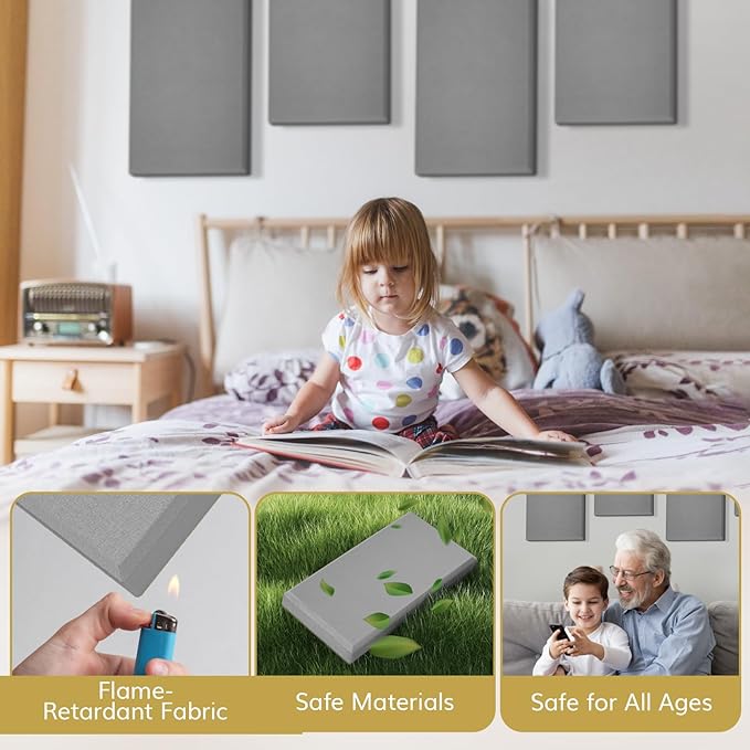 TONOR 4 PCS Large Acoustic Panel, 23.6″ * 11.8″ * 2.36″ 3D Fiberglass Sound Proof Panel with Full Self-Adhesive, Decorative Echo Absorbing Wall Panel, for Studio, Living Room, Home, Office, Beige