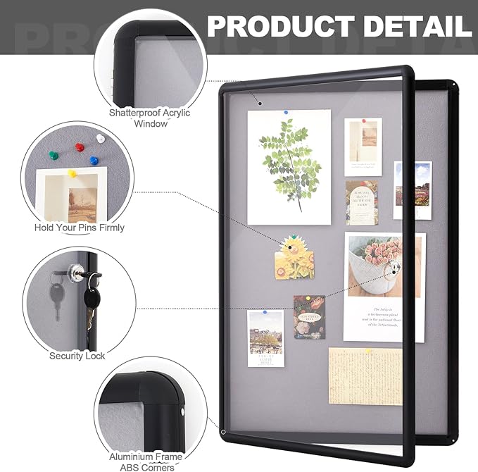 Geetery 36 x 24 Inch Enclosed Fabric Bulletin Board Tamperproof Lockable Noticeboard Fabric&Aluminium Frame Display Cases Wall-Mounted Display Case for School, Office - Secure, Durable