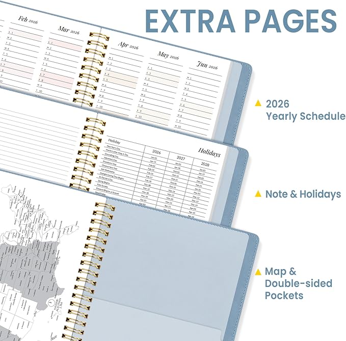 2026 Planner, Annecy Weekly ＆ Monthly Planner 2026, Jan. 2026 – Dec. 2026, 9" x 11" Monthly Agenda Planner with Tabs, Vegan Leather Cover, Spiral Binding, Double-sided Pocket, Bookmark, Grey Blue