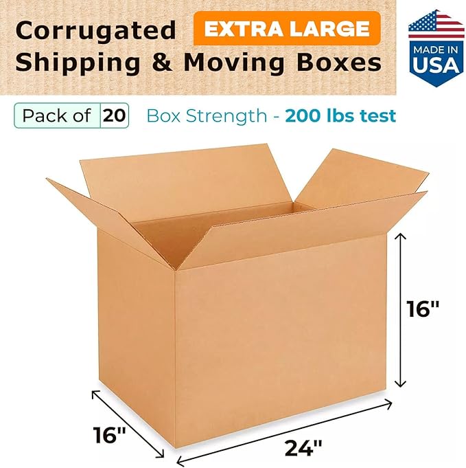 Extra Large Shipping & Moving Boxes 24"L x 16"W x 16"H (20-Pack) - Extra Strength 200 lb vs Regular - Corrugated Cardboard Boxes - Moving Supplies Box - Large Moving Box by IDL Packaging